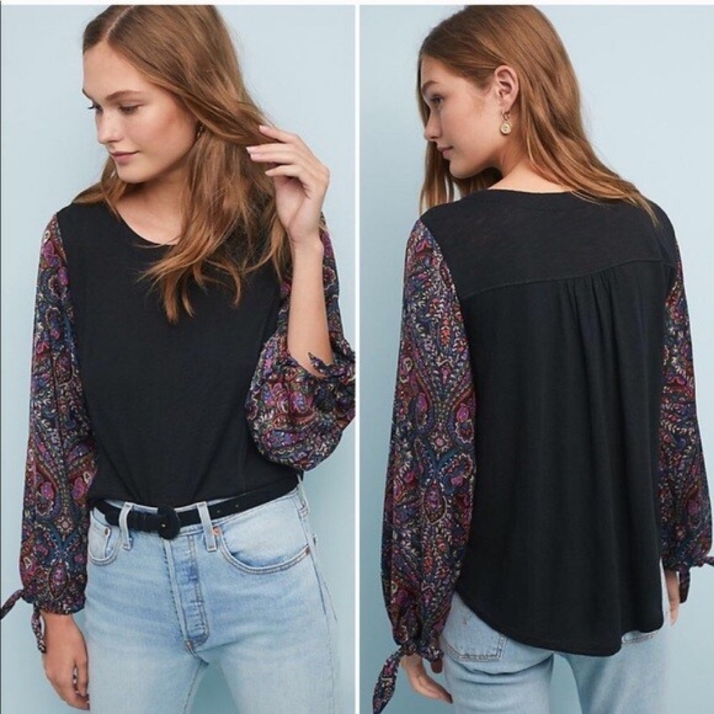 Anthropologie Akemi + Ken Maybelle Top Mixed Media Paisley Balloon Sleeve XS